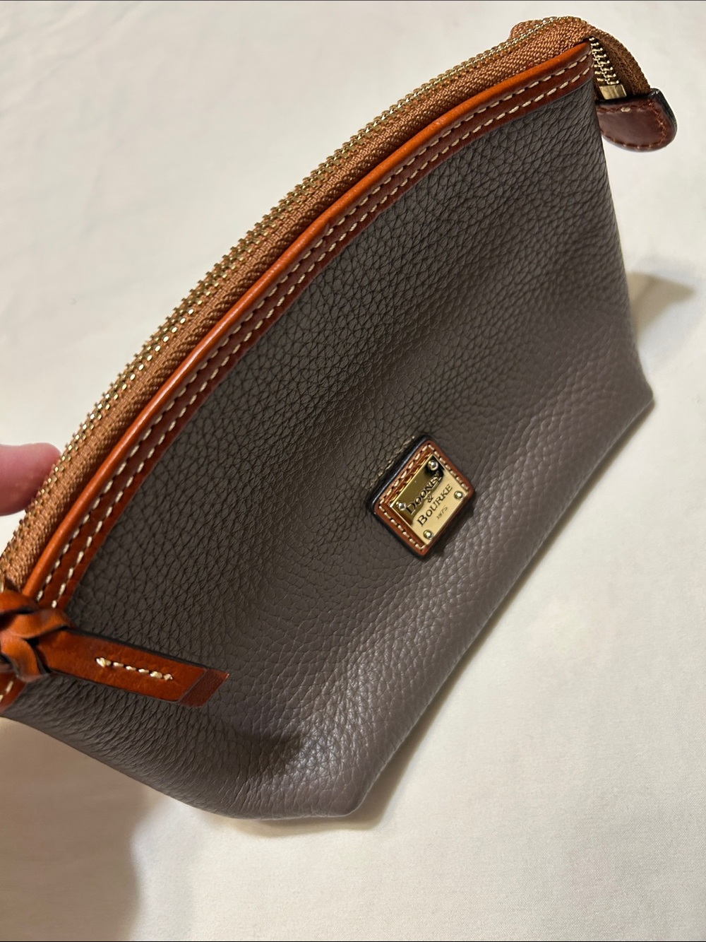 Dooney & Bourke Gray Pebbled Leather Toiletry Pouch with Tan Trim
